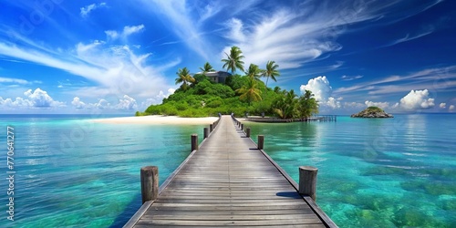 Beautiful tropical landscape background, concept for summer travel and vacation. Wooden pier to an island in ocean against blue sky with white clouds, panoramic view. © mamo studios