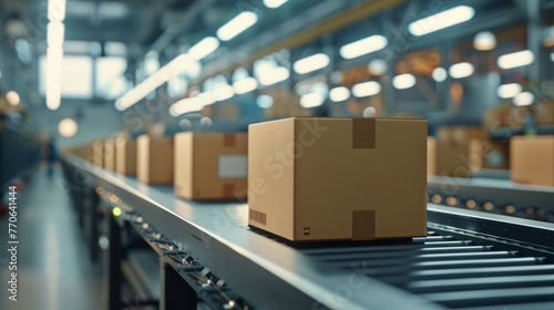 Cardboard boxes on conveyor belt in a distribution warehouse with industrial setting and soft lighting, showcasing logistics and supply chain concept.
