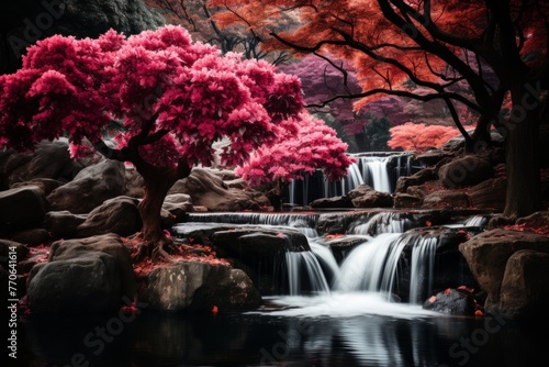 Fototapeta Naklejka Na Ścianę i Meble -  cascade of a tropical waterfall amidst a vibrant garden, adorned with blooming pink flowers