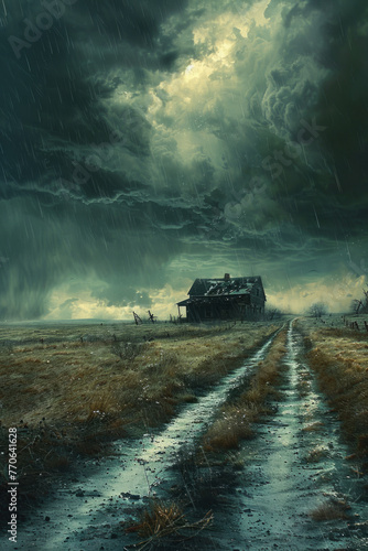 An ominous atmosphere as dark storm clouds gather above an old, dilapidated farmhouse. Heavy rain pours down