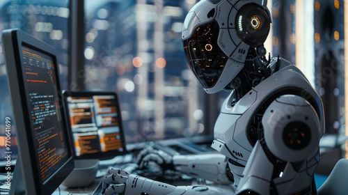 Advanced humanoid robot with intricate design working at a computer workstation in a modern office with a futuristic cityscape visible through the window.