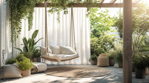 Outdoor living room with a swing hanging from a white curtain and a rug in the center © kitti