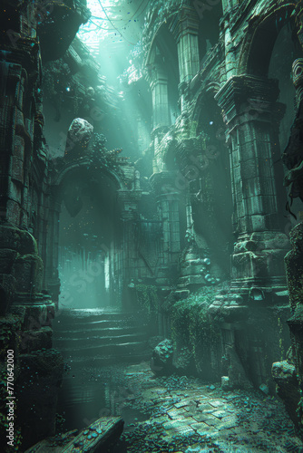 Underwater view of an ancient, sunken temple with intricate architecture, overgrown with marine flora and illuminated by a soft light filtering through the water.