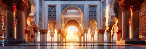 Magnificent Islamic Mosque at Sunset, Reflecting the Spiritual and Architectural Splendor of Middle Eastern Culture