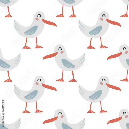 Seamless pattern with cute cartoon seagulls on white background. Sea bird. Design for printing, textile, fabric. Vector illustration