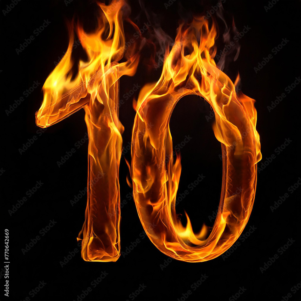 Fototapeta premium Number 10 made of fire flame on black background. Hot orange blaze. 3D rendering.
