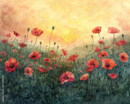 Nature landscape with watercolor poppies pastel bloom dusk light wide angle peaceful atmosphere
