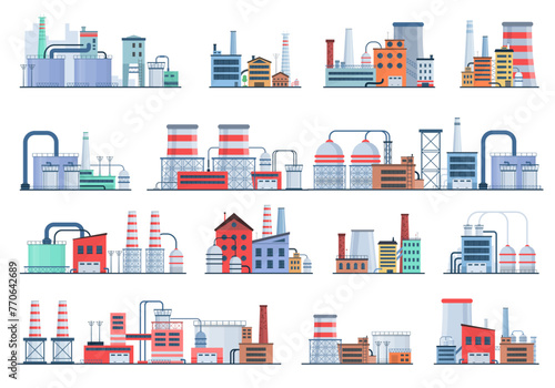 Industrial Building Concept Eco Style Factory City Landscape. Set of factory style or industrial building flat design style icons. Structures with pipes and chimney. Architectural theme. Vector.
