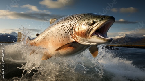 a rainbow trout leaping out of the water to catch its prey, creating a spectacular splash.