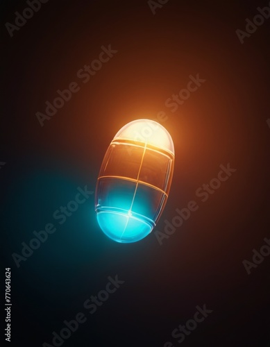A single glowing capsule floats in darkness  evoking themes of health  science  and futuristic medicine