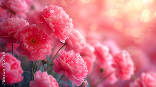 Beautiful pink peony flowers on bokeh background. Soft focus.
