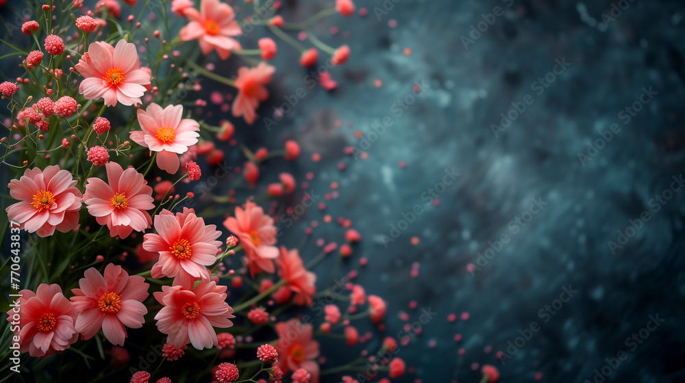 Beautiful pink cosmos flowers on dark blue background. Space for text.