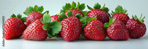 Cluster of ripe strawberries with vibrant green leaves, carefully arranged