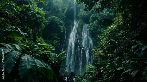 A secluded waterfall hidden within a dense tropical jungle accessible only by a narrow path. © Finsch