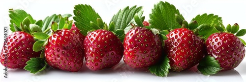 Cluster of ripe strawberries with vibrant green leaves, carefully arranged