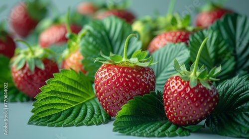 Cluster of ripe strawberries with vibrant green leaves, carefully arranged