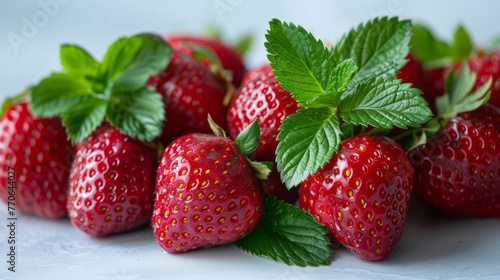 Cluster of ripe strawberries with vibrant green leaves, carefully arranged