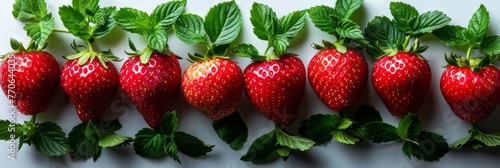 Cluster of ripe strawberries with vibrant green leaves, carefully arranged