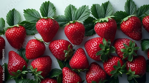 Cluster of ripe strawberries with vibrant green leaves, carefully arranged