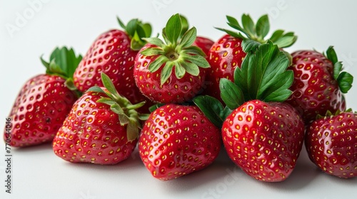 Cluster of ripe strawberries with vibrant green leaves, carefully arranged