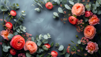 Flowers composition. Frame made of pink roses and eucalyptus branches on blue background. Flat lay, top view, copy space