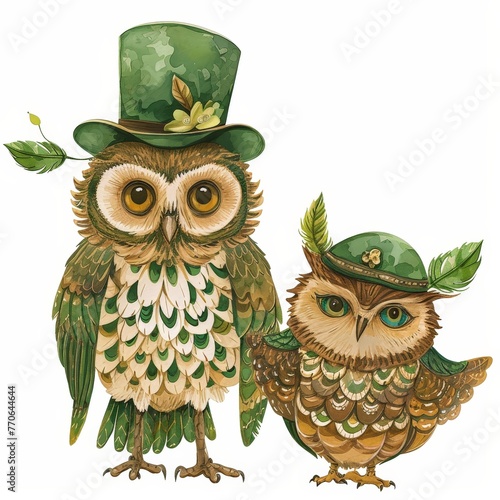 Two adorable owls adorned with green hats and leafy accents  presented in a warm watercolor style.