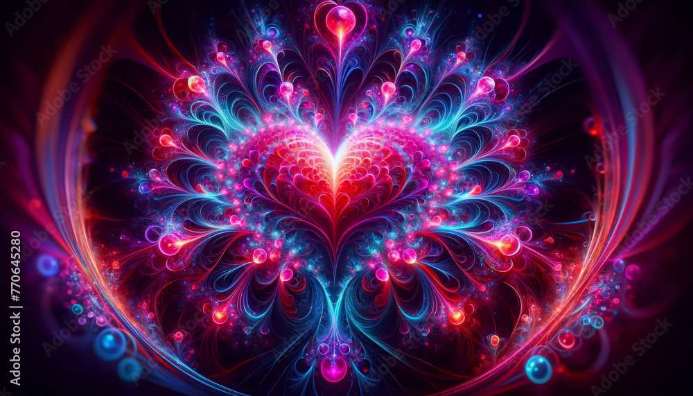A mesmerizing abstract heart in neon pinks, electric blues, and radiant purples, glowing with dynamic fractal designs on dark background - Generative AI