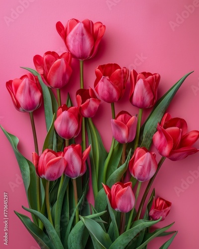 Vibrant red tulips arranged neatly over a pink backdrop portraying a fresh  lively feel perfect for springtime