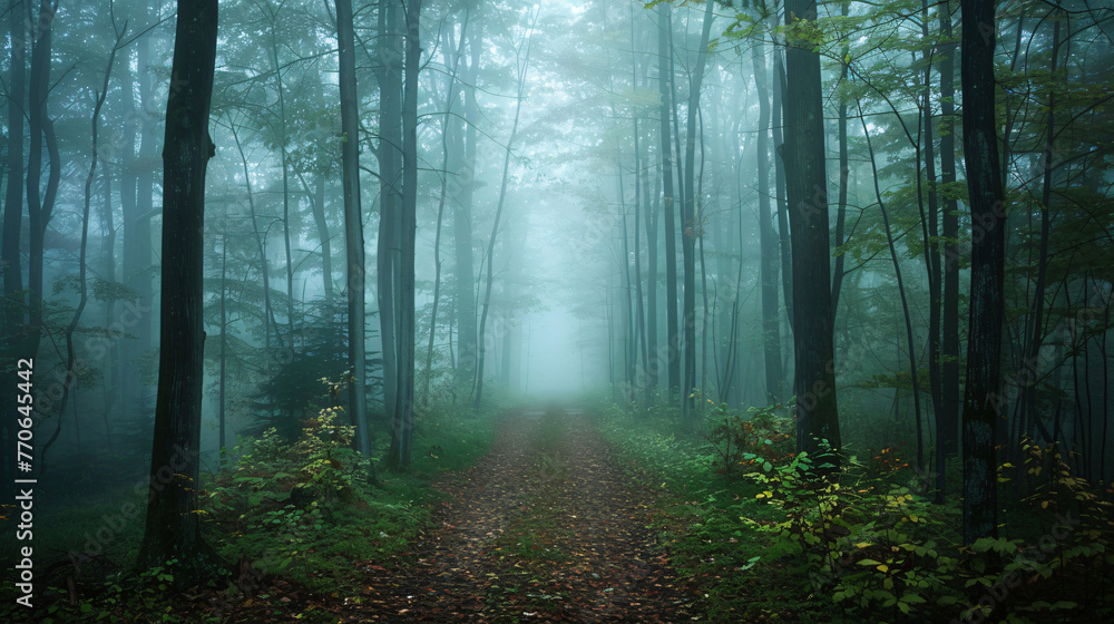 A serene and foggy forest path at dawn offering a mystical and tranquil escape into nature.