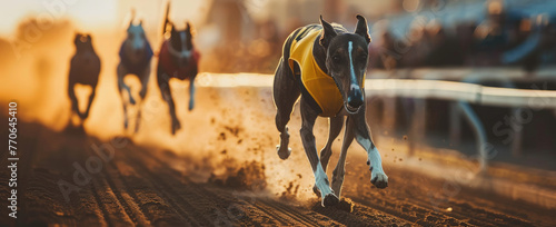 greyhounds racing on the track, one dog in front with a white chest and red collar © Kien