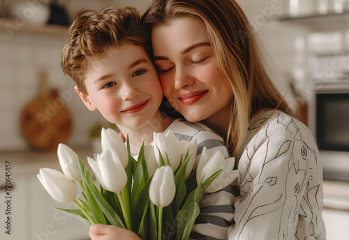 Child son gives bouquet of flowers whilst hugging, holding and embracing her mother. Generative AI