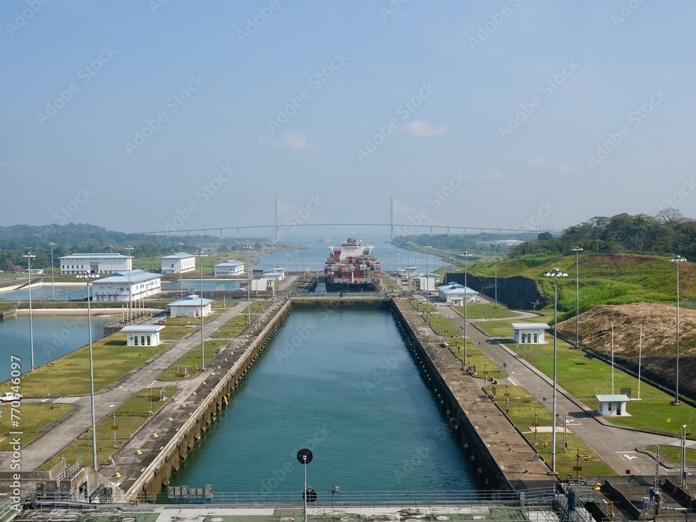 Container ship going through a lock on the Panama Canal