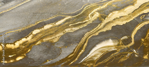 Gold fluid art marbling paint textured background. Generative AI.