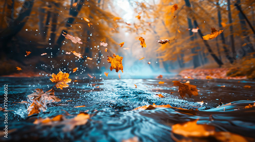 A serene river meandering through a colorful autumn forest with leaves gently falling into the water.