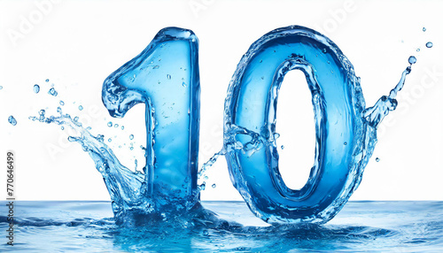 Number 10 made of water with splashes on white background. Blue liquid figure. 3D rendering.
