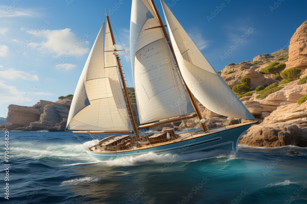 Fototapeta premium A white yacht gracefully sails across the glistening sea on a bright, cloudless day.