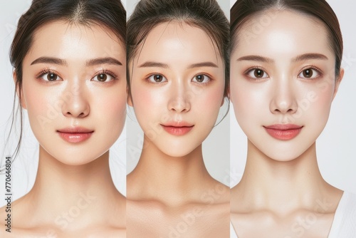 Obraz na płótnie 肌の綺麗な日本人モデルが3人並んでる美容広告風写真（美容整形・プチ整形・美肌）