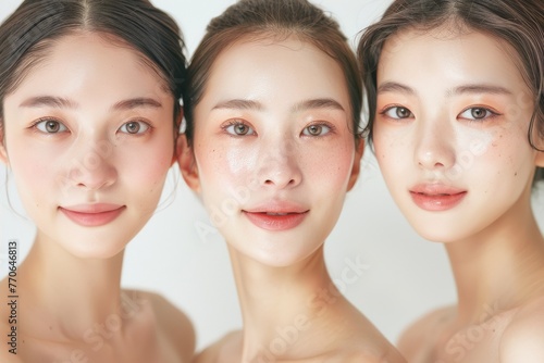 肌の綺麗な日本人モデルが3人並んでる美容広告風写真（美容整形・プチ整形・美肌） photo