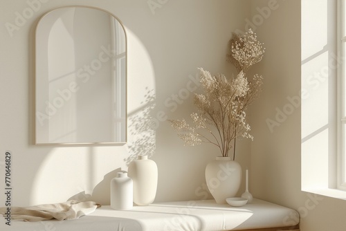 An airy minimalist interior bathed in soft light featuring neutral tones and simple, clean lines
