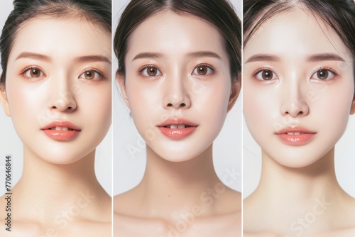 Obraz na płótnie 肌の綺麗な日本人モデルが3人並んでる美容広告風写真（美容整形・プチ整形・美肌）