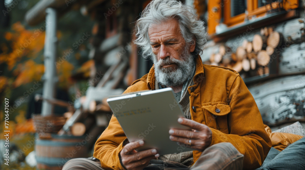 A bearded mature man with a digital tablet is thinking about something while sitting near his house in the forest. Copy space