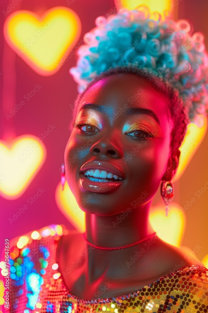 A dazzling display of a sequined jacket complemented by vivid neon light backdrop