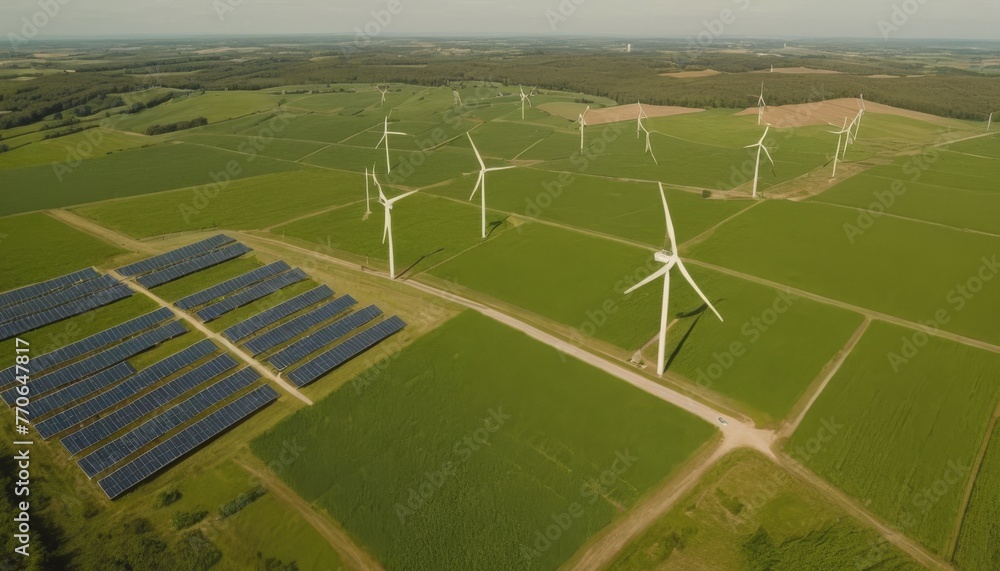 Aerial view of a renewable energy farm showing the harmonious integration of wind turbines and solar panels into the agricultural landscape.