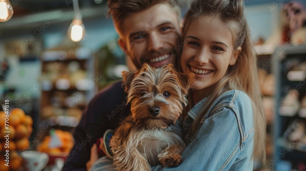 Portrait of young family couple with dog in petshop Portrait of young family couple with dog in petshop