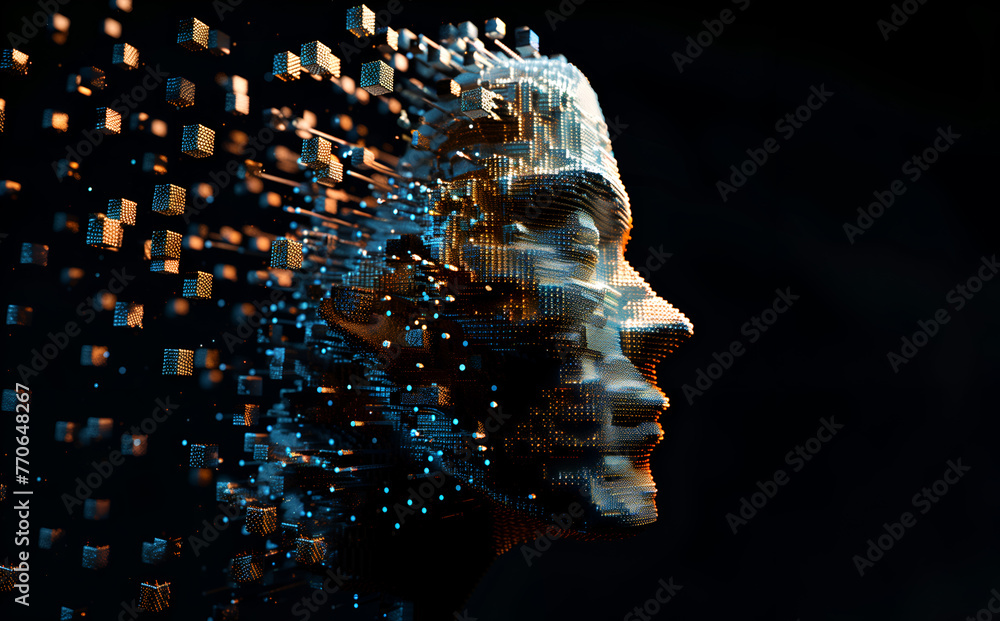 Abstract digital human head created using cubes on a black background ...