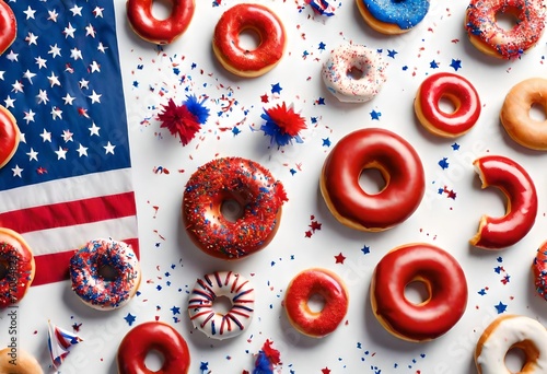 Happy 4th of July, Independence Day USA. Flat lay glazed donuts, American national flags, confetti and decorations on white background