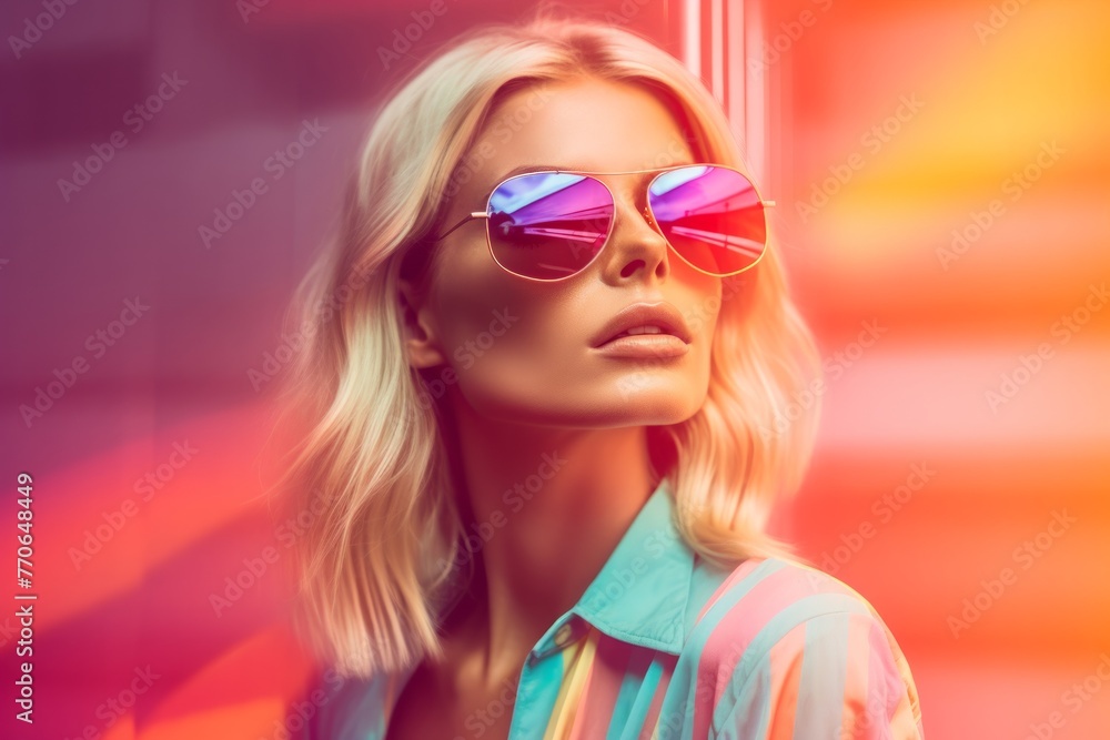 A trendy woman with her face blurred standing against a neon light background, exuding style and mystery