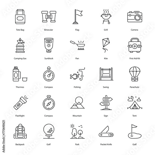 set of Outdoor Activity icons such as, Hiking, Camping, Backpacking, Fishing, Kayaking, Canoeing, Rafting, Climbing, Cycling, Mountain Biking, vector illustration