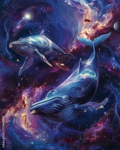 Illustrate a mesmerizing scene of two ethereal whales gliding through swirling cosmic currents from a unique side view angle Include elements like celestial bodies  nebulae