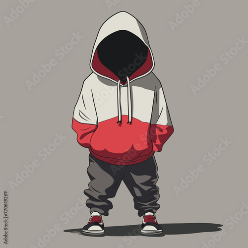 Hooded figure, red and white hoodie.
